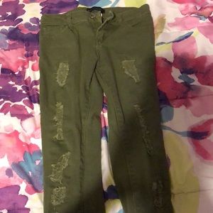 Navy green jeans.